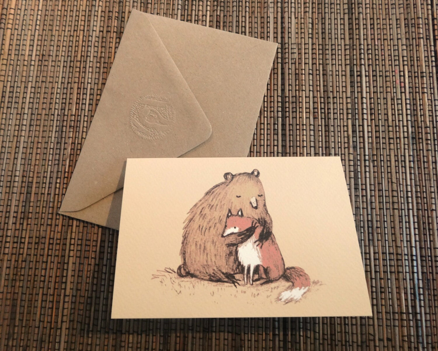 Grizzly Hugs Card: Bear and Fox Illustration - Friendship Card
