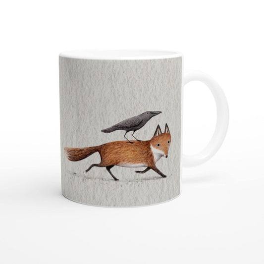 Fox and Crow Piggyback - White 11oz Ceramic Mug - Cute Animal Friends Raven Halloween Nature Wildlife