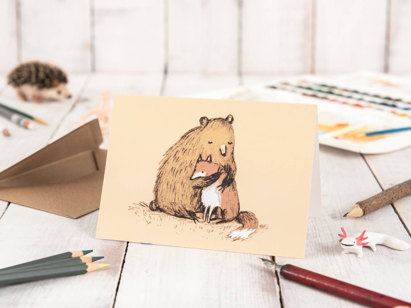 Grizzly Hugs Card: Bear and Fox Illustration - Friendship Card