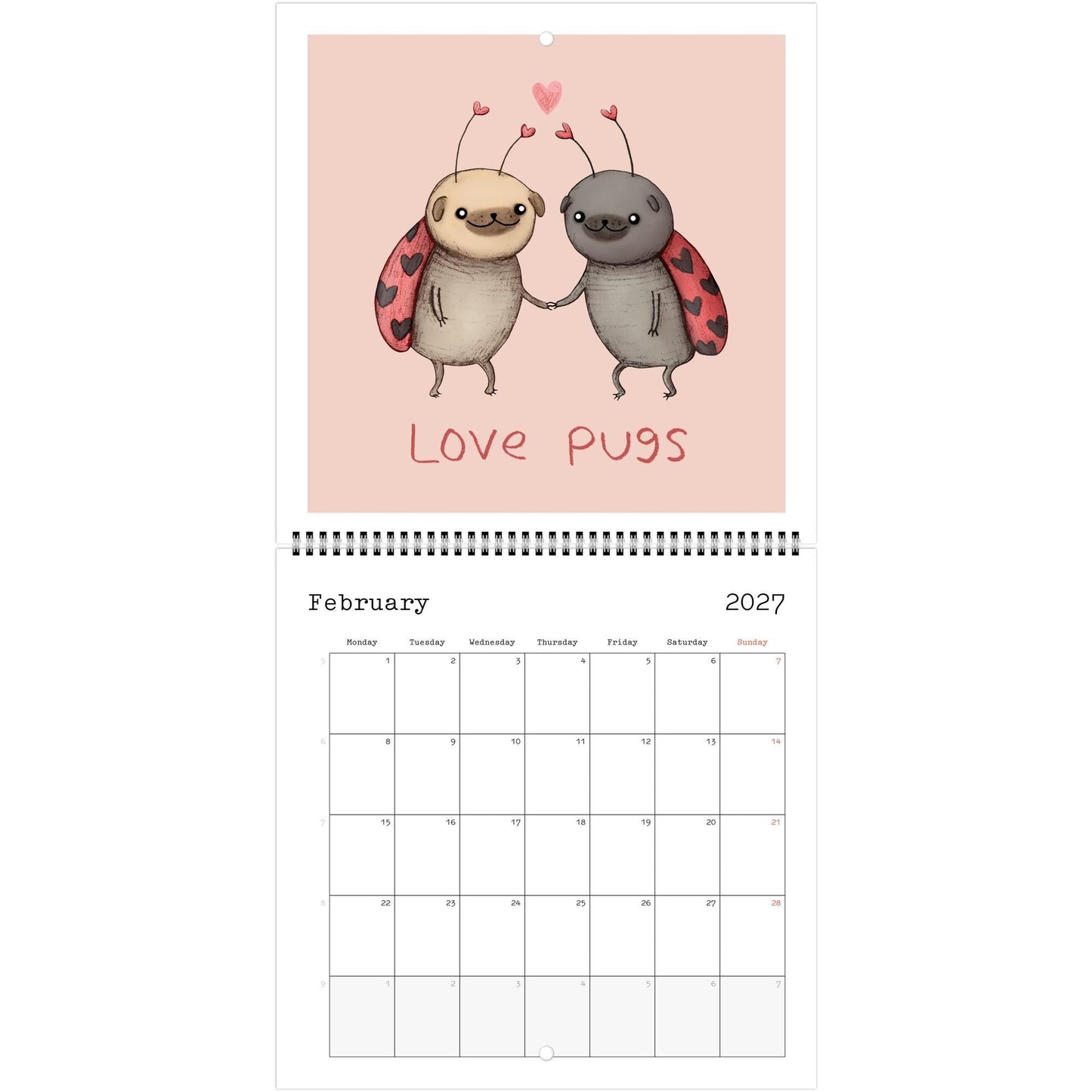 Pugs 2026 Cute Dog 12 Month Wall Calendar