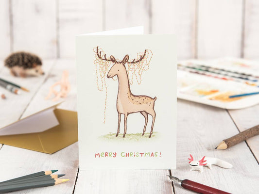 Happy Deer Tangled Tree Lights Christmas Card