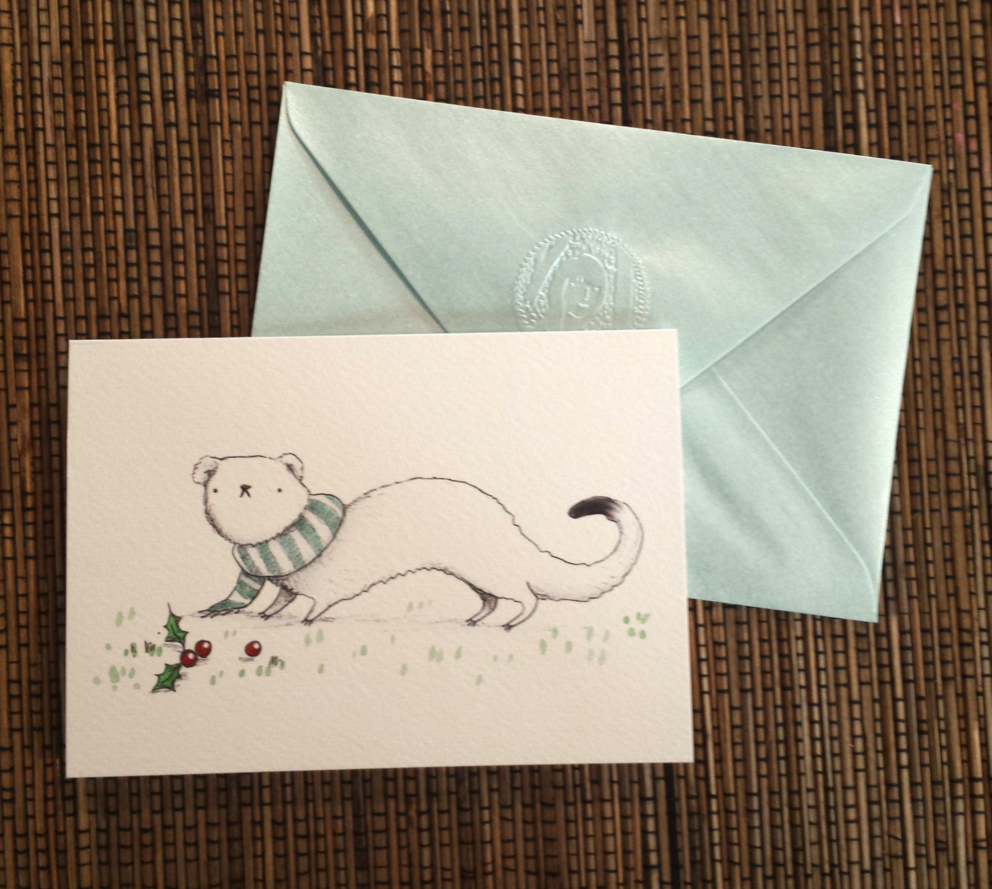 Ermine Wearing a Scarf White Winter Stoat Christmas Card