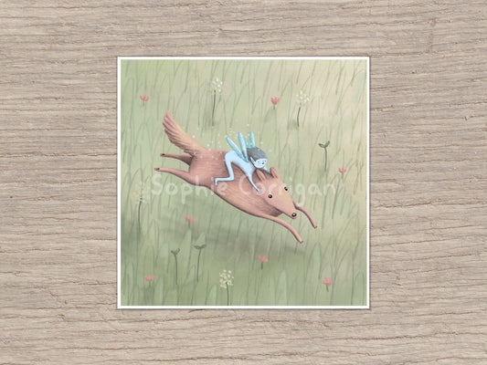 Blue Pixie Riding a Tiny Dog Signed Fine Art Print