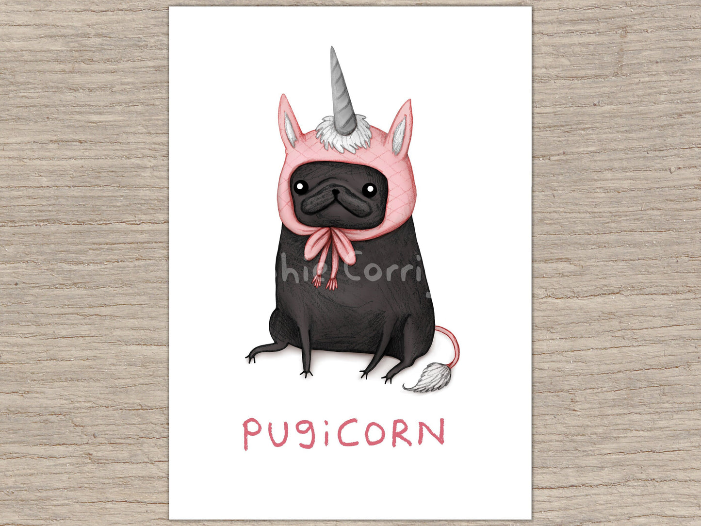 Pugicorn Black Pug Unicorn Hat Signed Fine Art Print