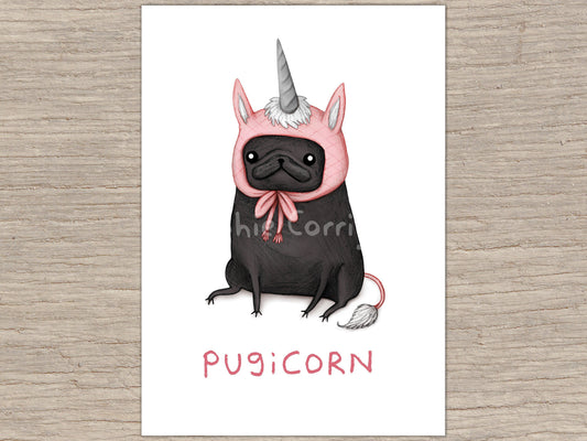 Pugicorn Black Pug Unicorn Hat Signed Fine Art Print