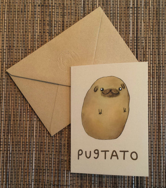 Pugtato Card: A6 Illustration Card with Kraft Envelope