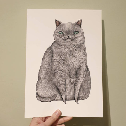 Signed Grey Cat Art Print: Quirky Pet Portrait Illustration