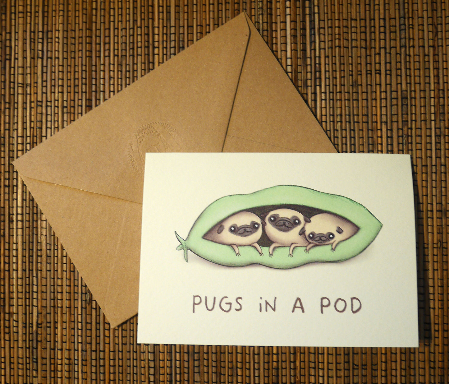 Pugs in a Pod Card – Triplets Puppy Illustration, Blank Inside