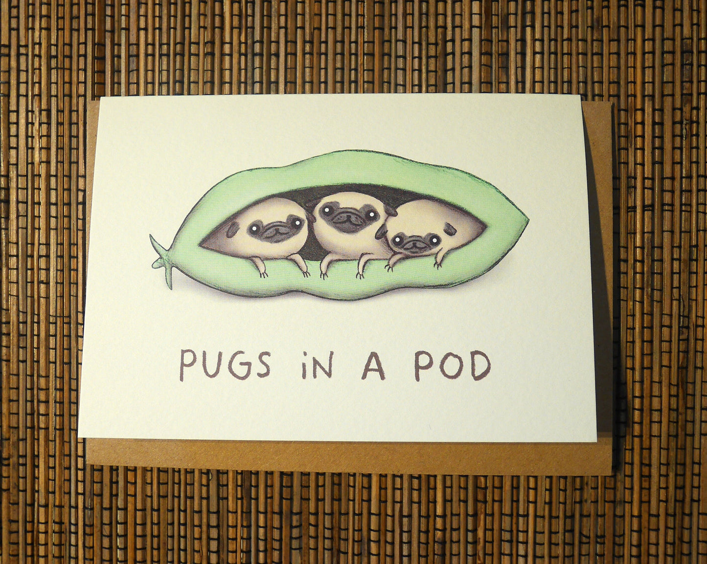 Pugs in a Pod Card – Triplets Puppy Illustration, Blank Inside