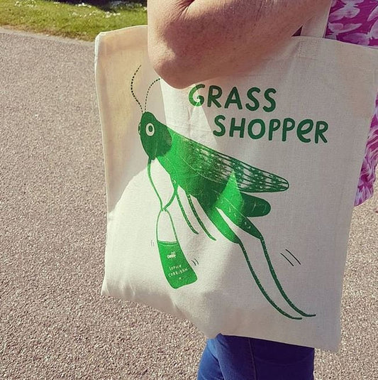 Grass Shopper Tote Bag: Hand Screen Printed Eco-Friendly Grasshopper Shopping Bag