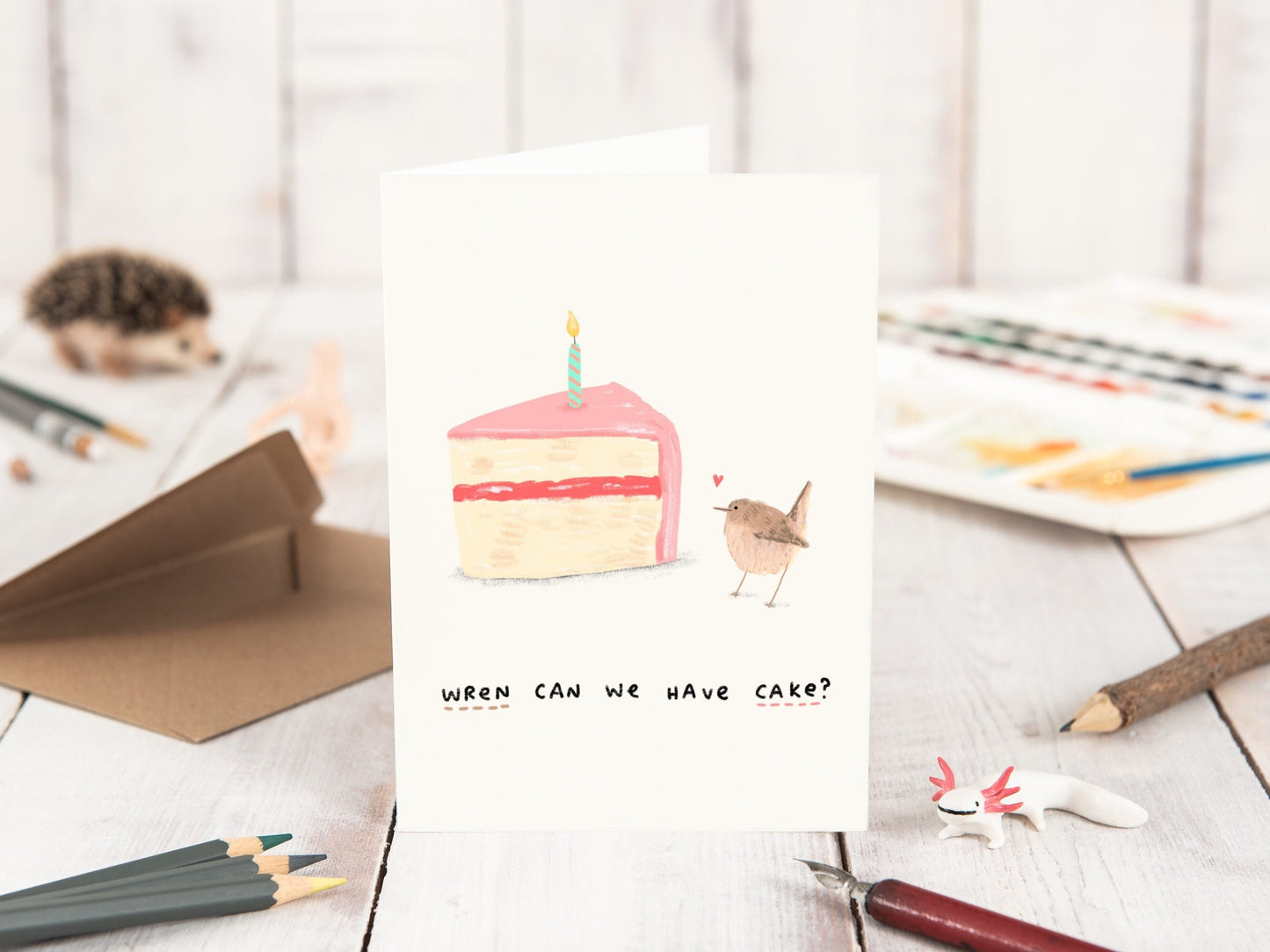 Wren & Cake Birthday Card | Cute Bird Illustration