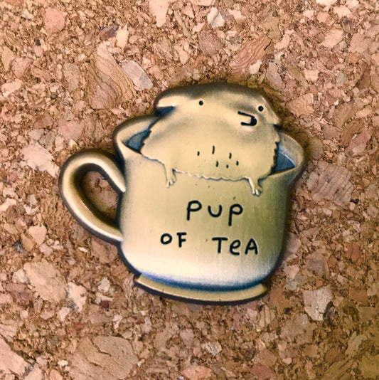 Pup of Tea 3D Die Cast Antique Gold Pin Badge
