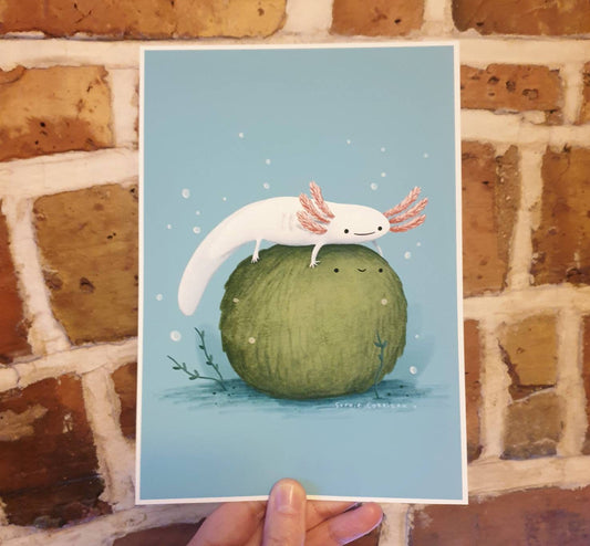Axolotl on a Mossball Signed Art Print