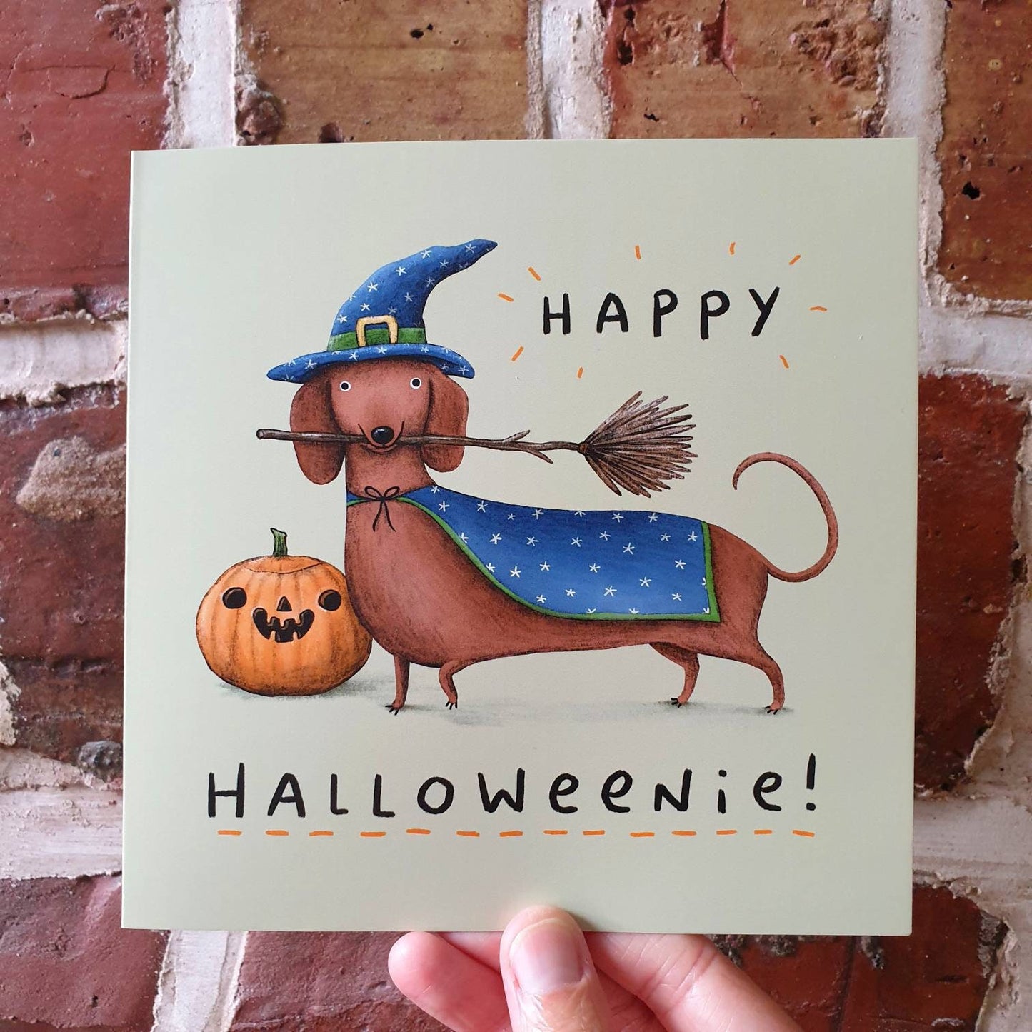 Happy Halloweenie Card - Dachshund Witch Halloween Costume - Funny Sausage Dog Card - Weenie - Cute Illustration - Sophie Corrigan