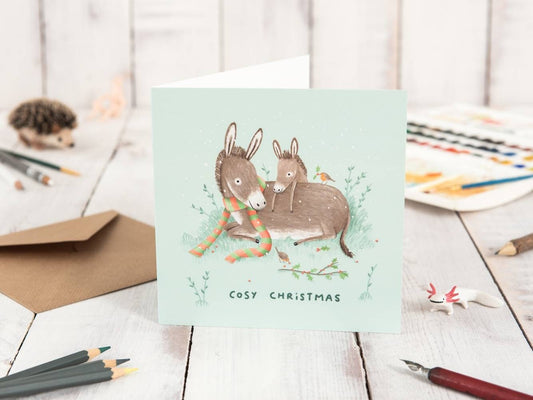 Donkeys and Robins Cosy Christmas Card