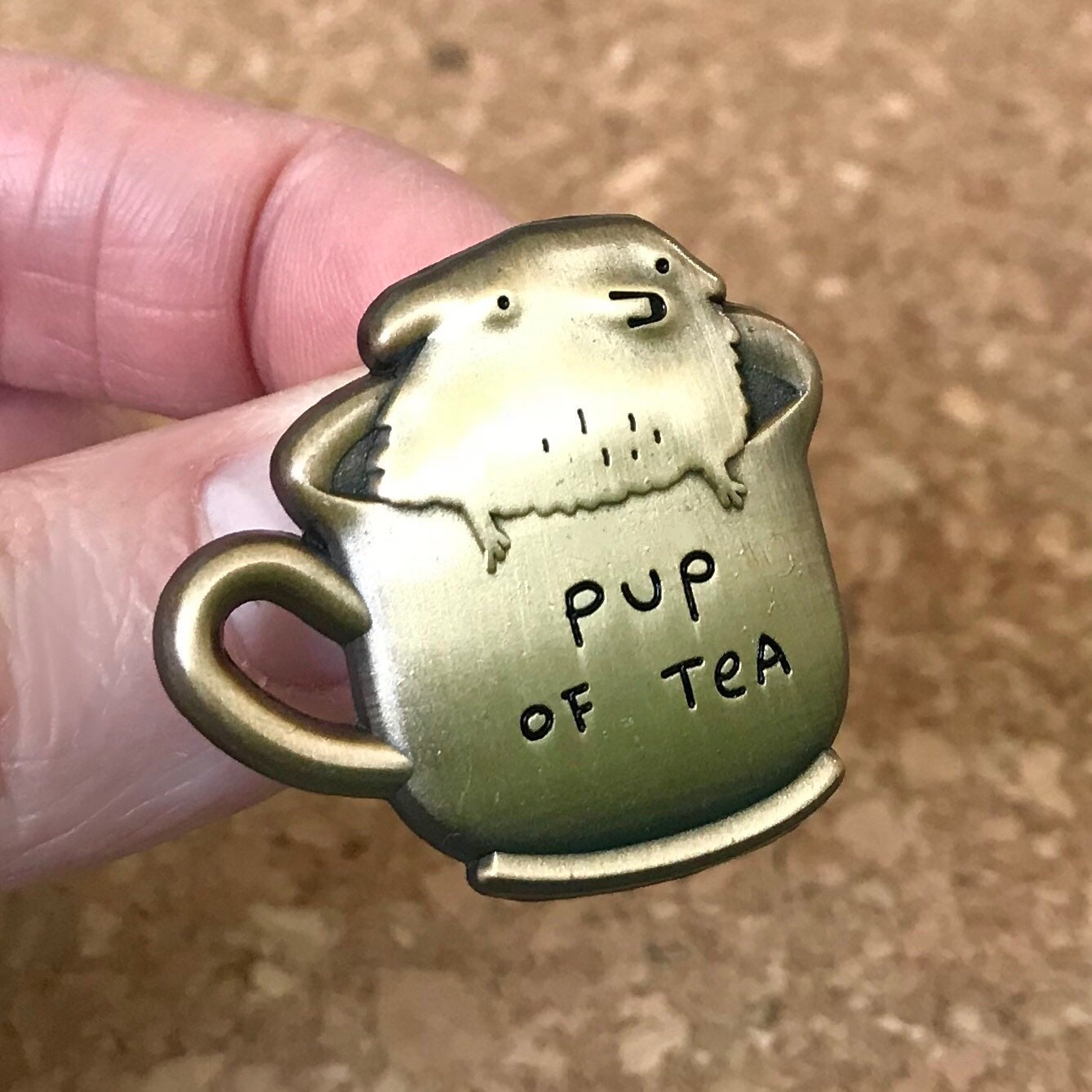Pup of Tea 3D Die Cast Antique Gold Pin Badge