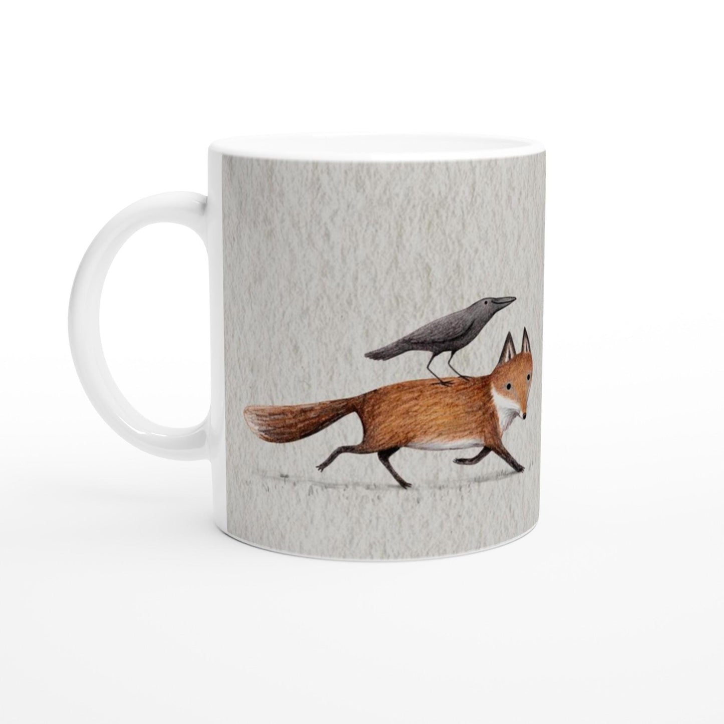 Fox and Crow Piggyback - White 11oz Ceramic Mug - Cute Animal Friends Raven Halloween Nature Wildlife
