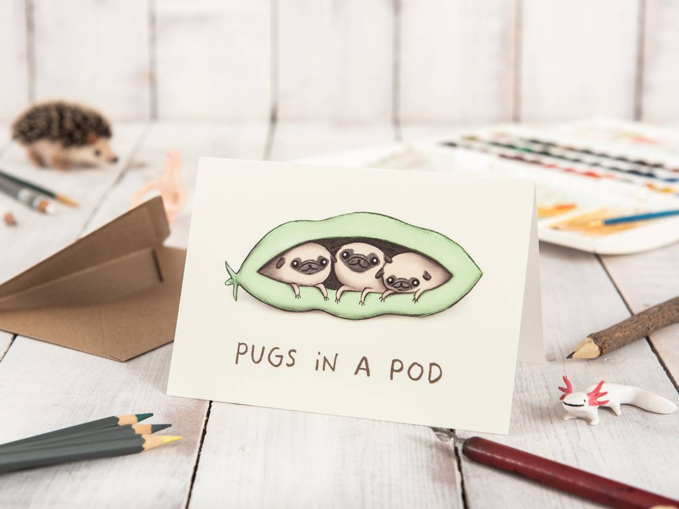Pugs in a Pod Card – Triplets Puppy Illustration, Blank Inside