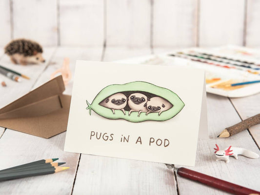 Pugs in a Pod Card – Triplets Puppy Illustration, Blank Inside