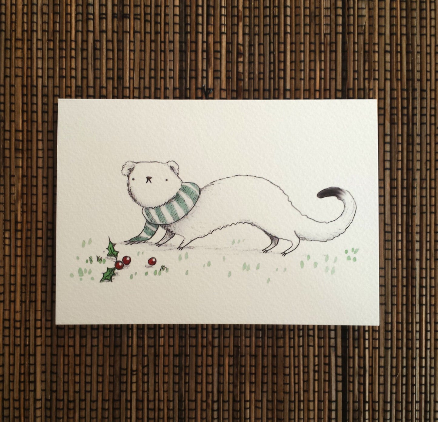 Ermine Wearing a Scarf White Winter Stoat Christmas Card