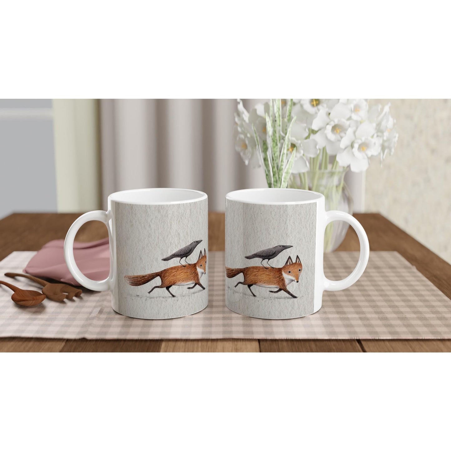 Fox and Crow Piggyback - White 11oz Ceramic Mug - Cute Animal Friends Raven Halloween Nature Wildlife