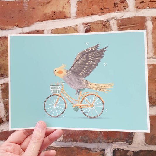 Cockatiel on a Bicycle Signed Art Print