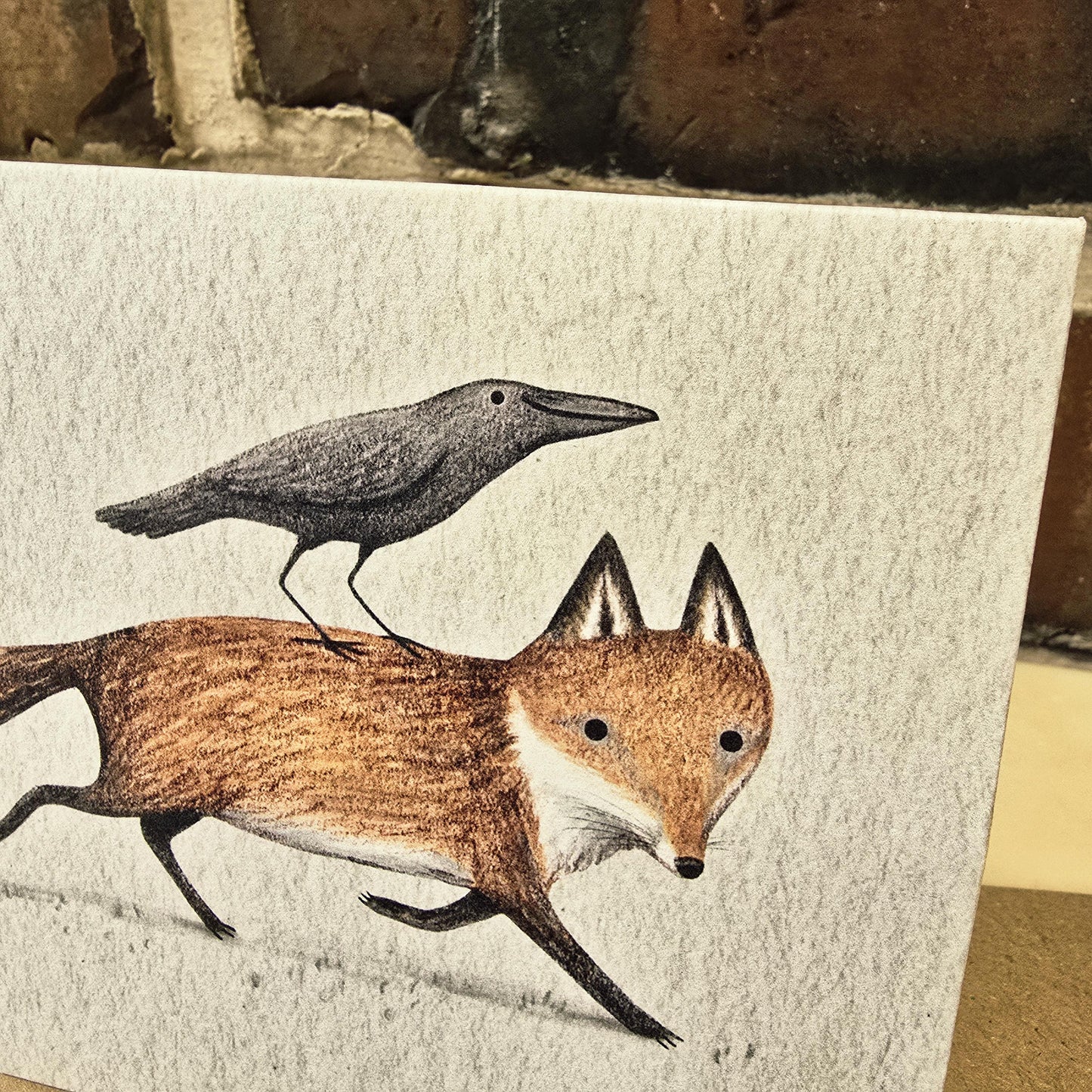 Fox and Crow; Piggyback - Cute Illustrated Bird Raven Greetings Card
