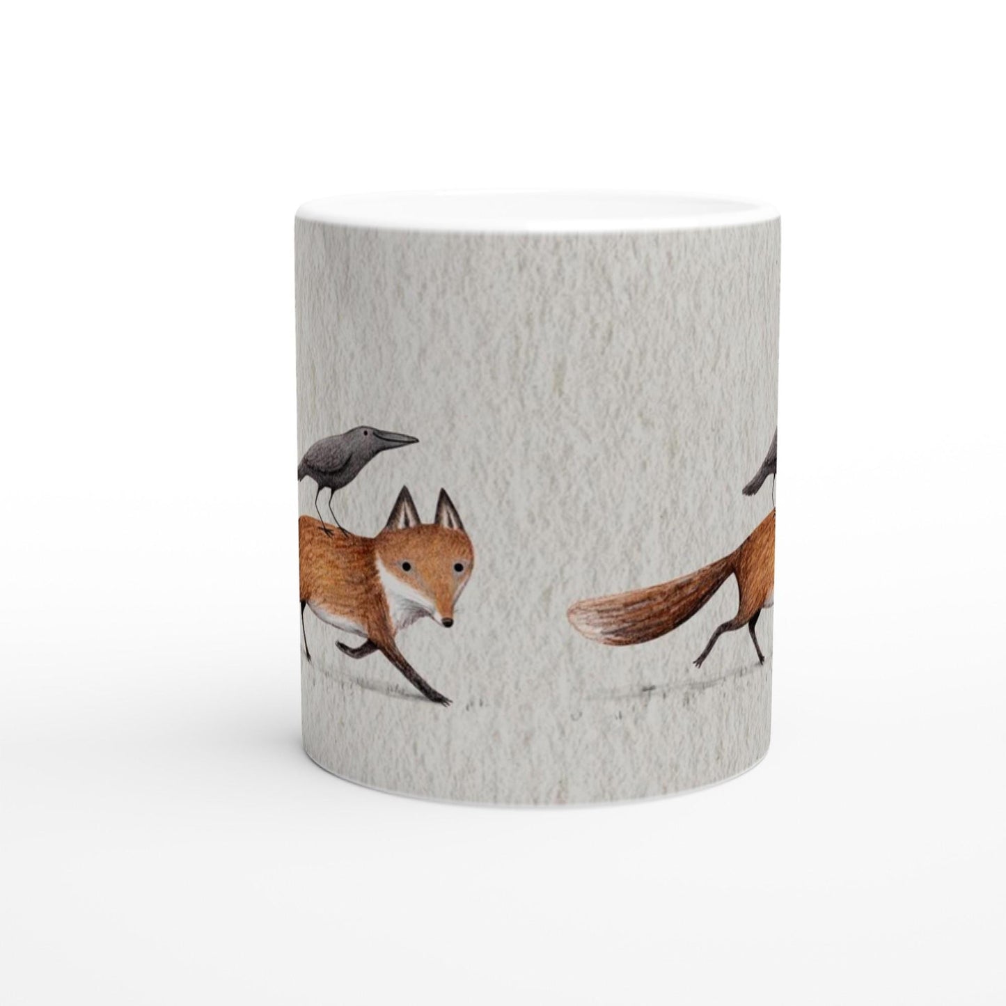 Fox and Crow Piggyback - White 11oz Ceramic Mug - Cute Animal Friends Raven Halloween Nature Wildlife