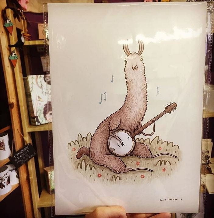 Llama Playing a Banjo A4 Signed Print