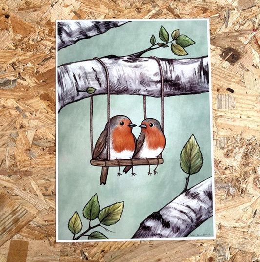 Robins on a Swing - Birds Illustration Signed Fine Art Print